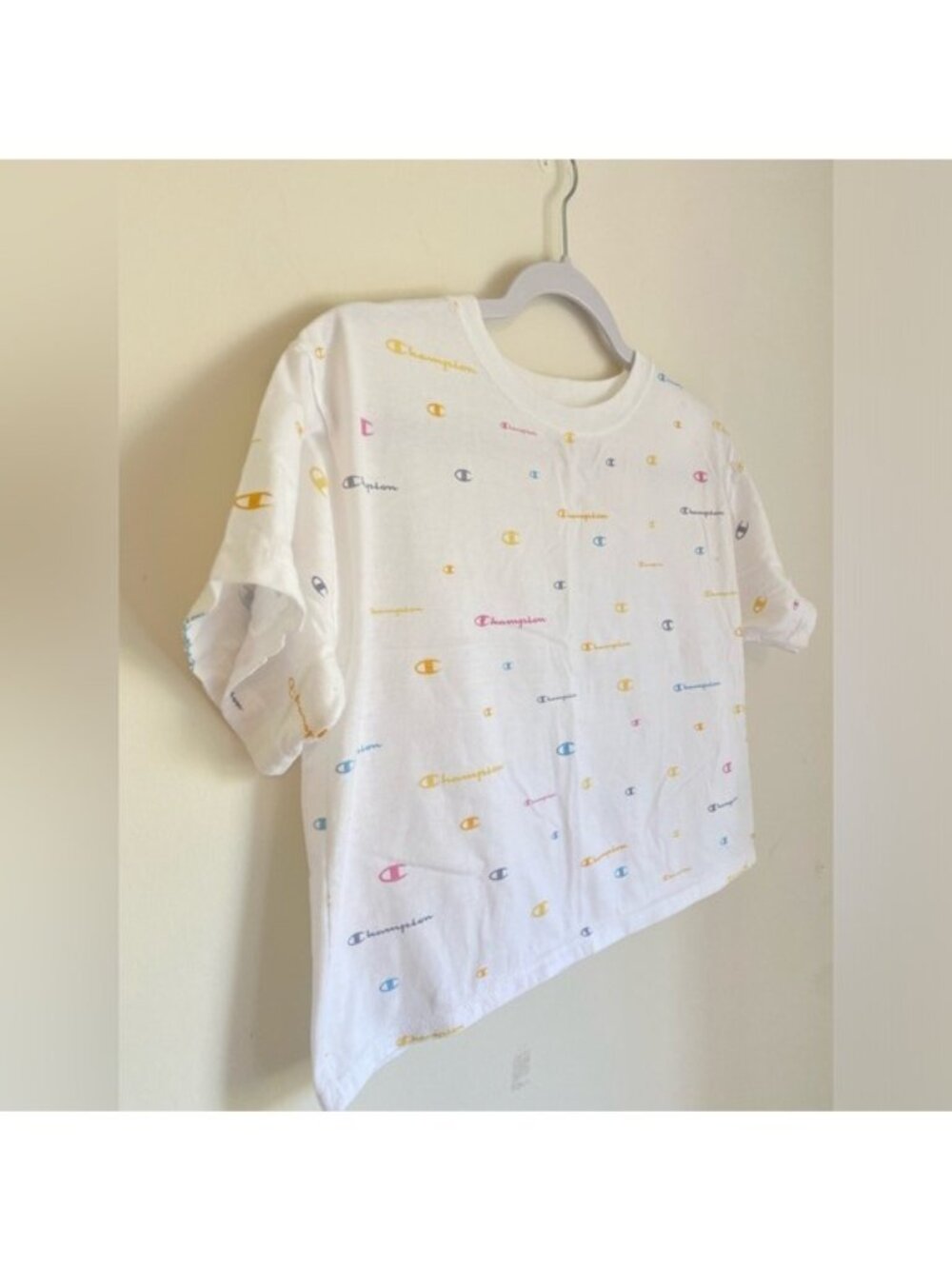 Champion Cropped Crewneck Tee Size XS White With Pastel Logos
